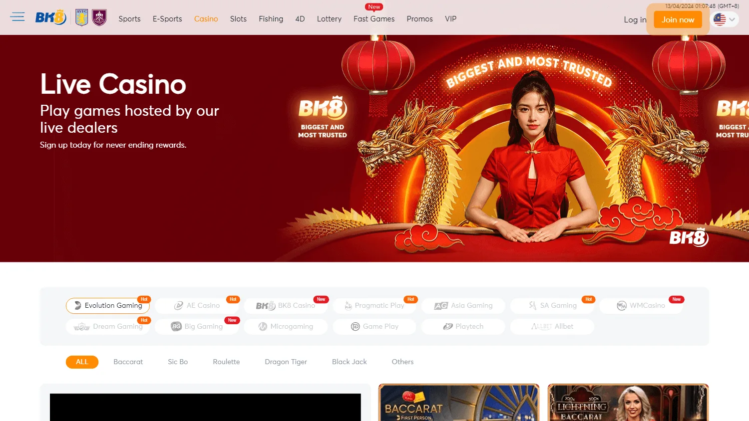BK8 Casino games area on desktop