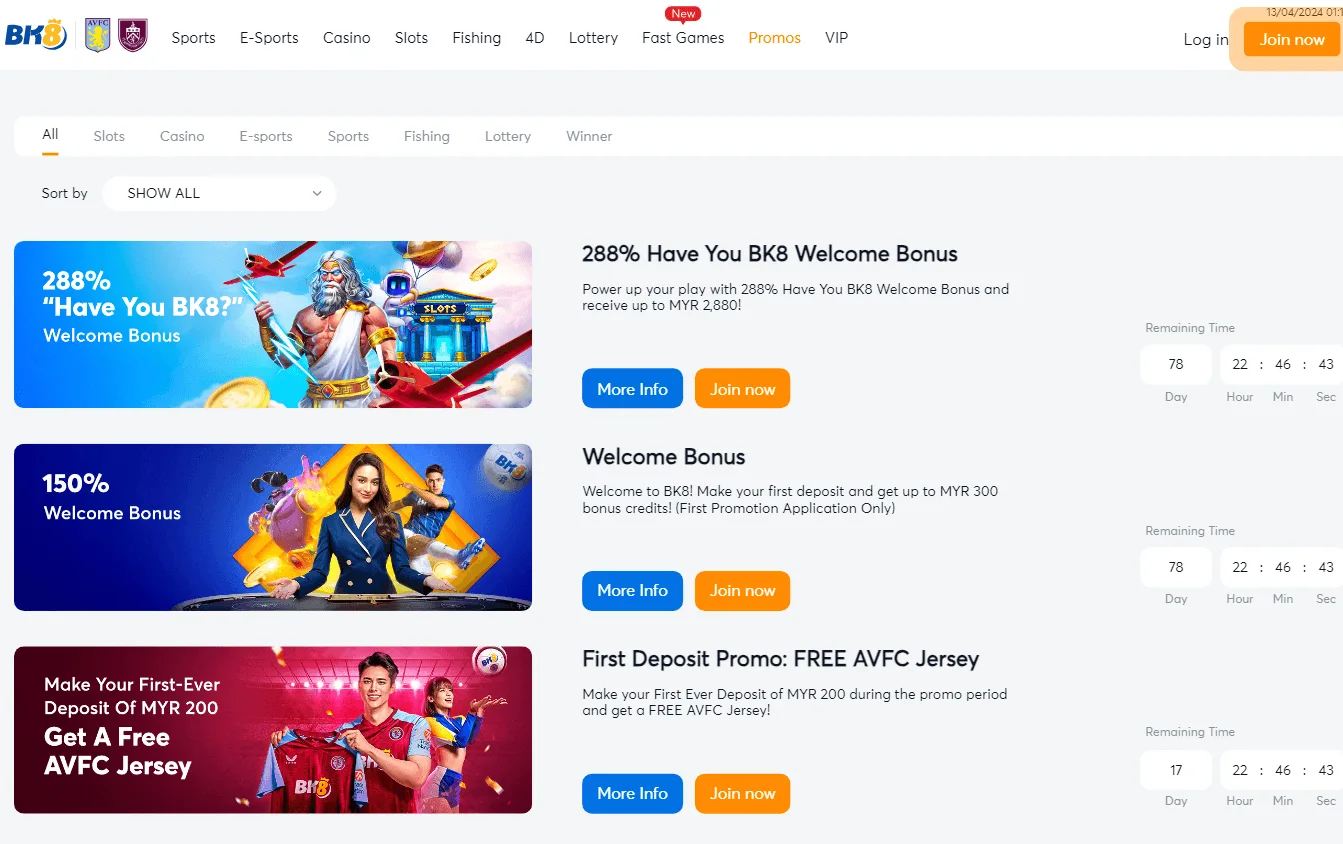 BK8 Casino promotions area on desktop