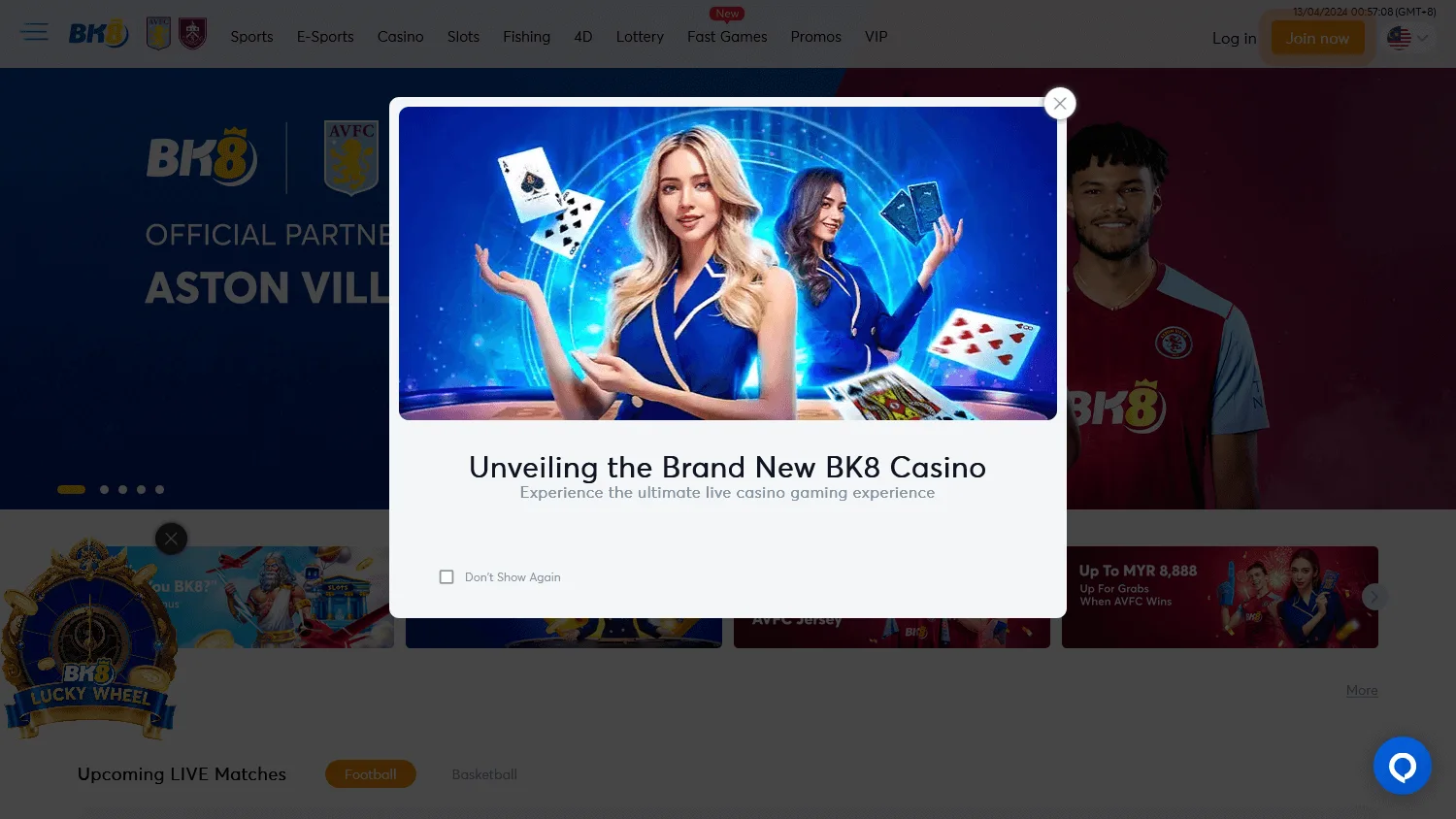 BK8 Casino home page on desktop