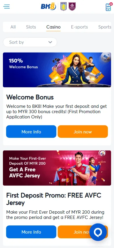 BK8 Casino promotions area on a mobile device